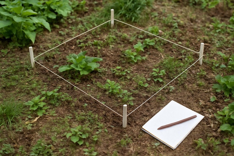 A small square metre of soil and plants marked by four corners in a garden