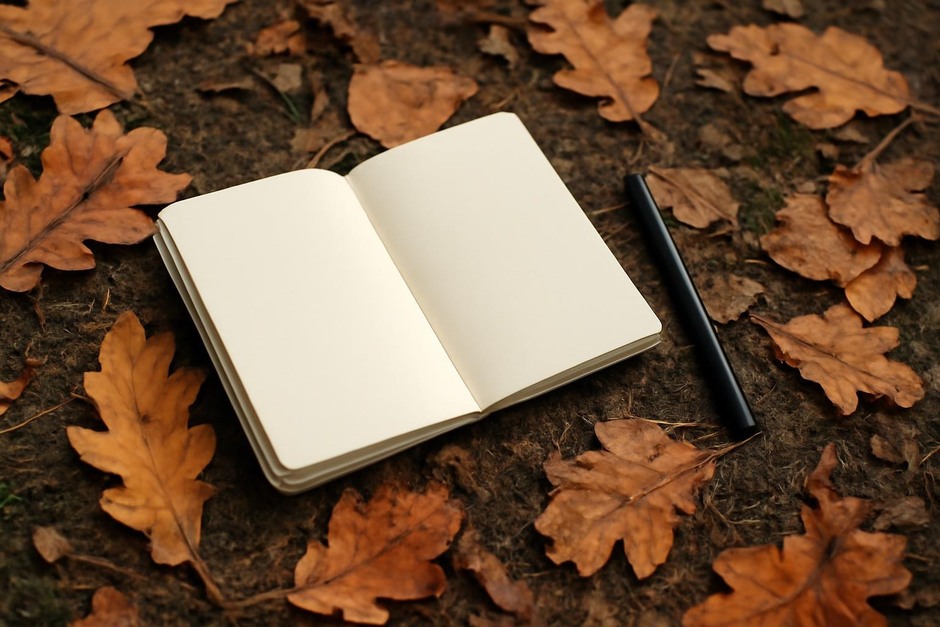 A small sketchbook beside fallen leaves and a pen