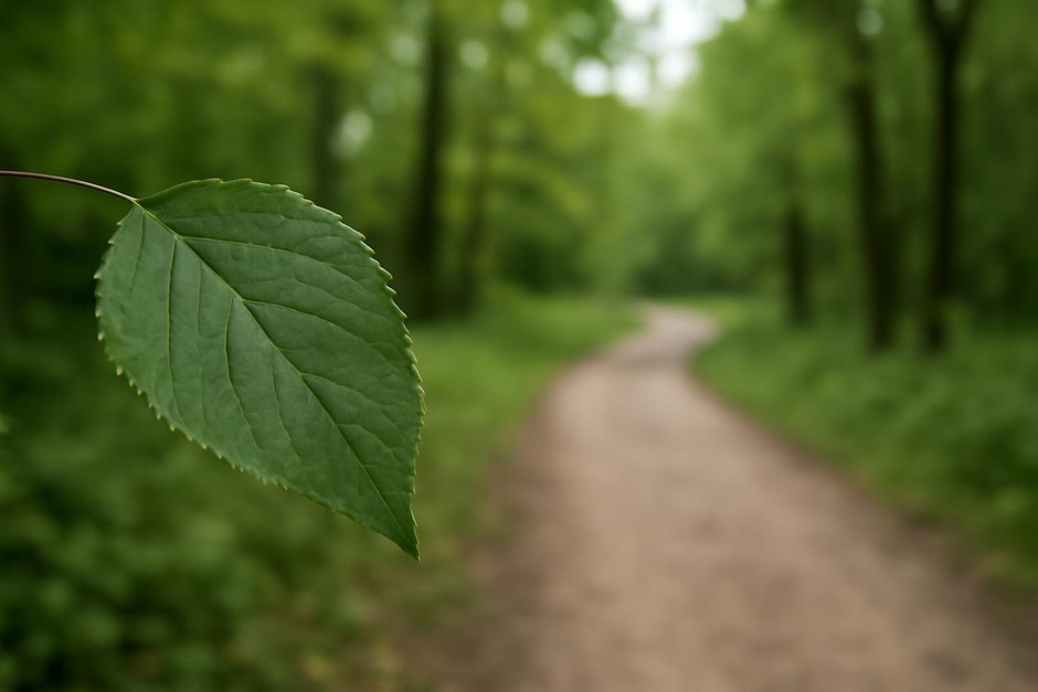 A close-up of a leaf in foreground with a blurred path and trees in the background