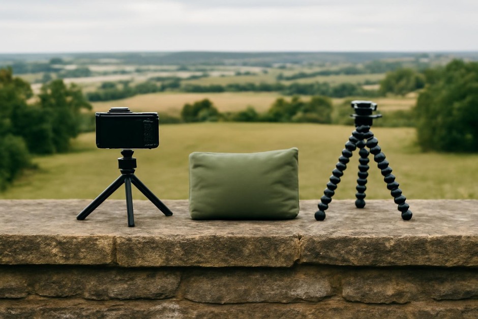 Compact camera mounted on a small tripod on a stone wall, with a beanbag and a flexible tripod beside it